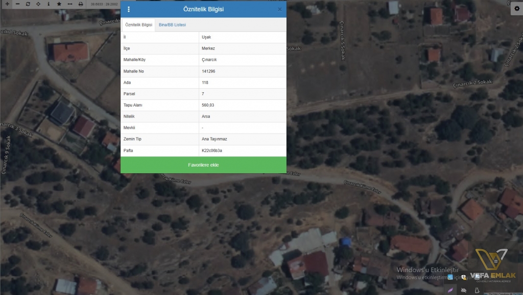 UŞAK MERKEZ ÇINARCIK KÖYÜ’NDE SATILIK 560 m2 KÖŞE PARSEL ARSA